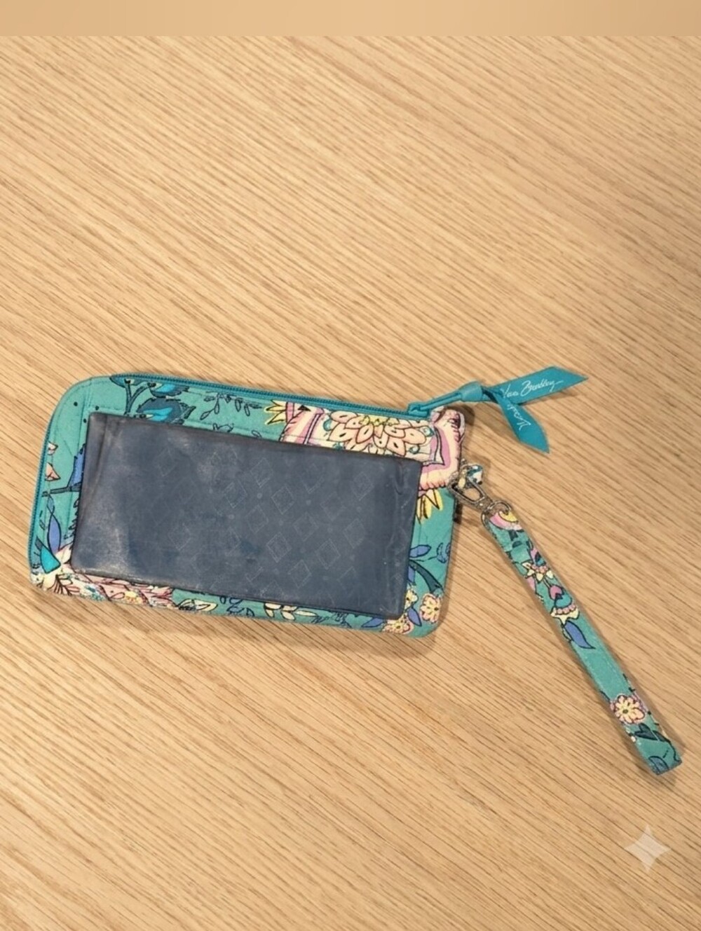 Vera Bradley Peacock Garden Teal Floral Zip Wristlet with Wrist Strap